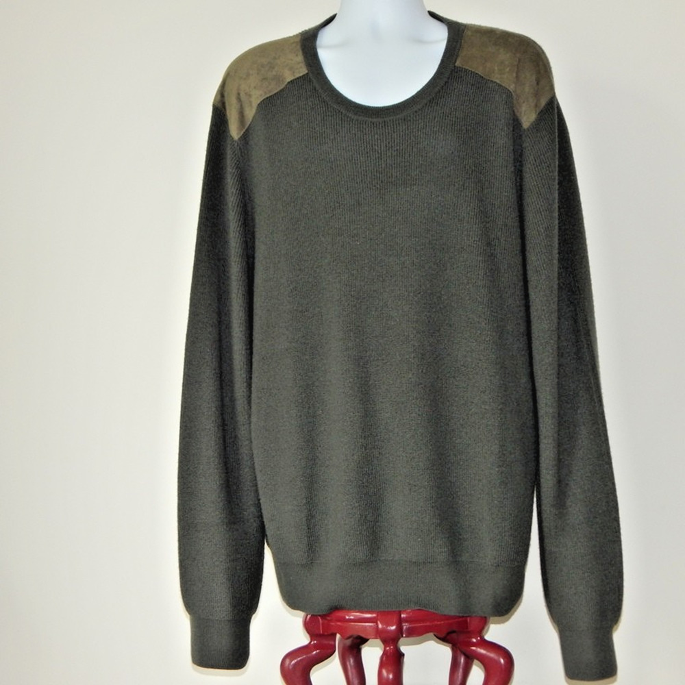 NWT BRUNO MAGLI Merino Wool Crew Neck Pullover Sweater Suede Trim Olive Mens XXL